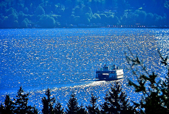 Blue ferry departure