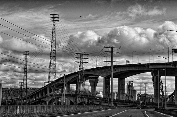 The West Seattle Bridge in black and white