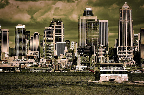 Sepia Skyline with water taxi
